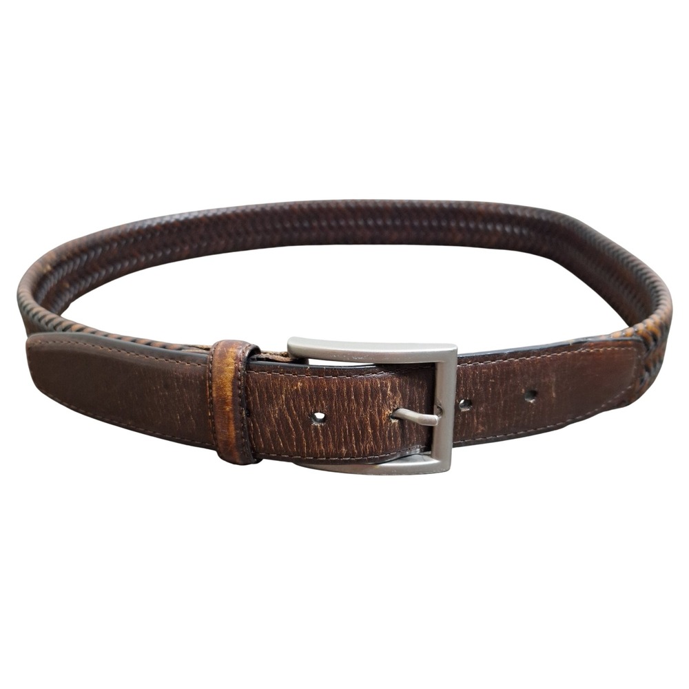 Men's Size 36 Brown Woven Braided Genuine Leather Belt Silver Tone Buckle 1.25in